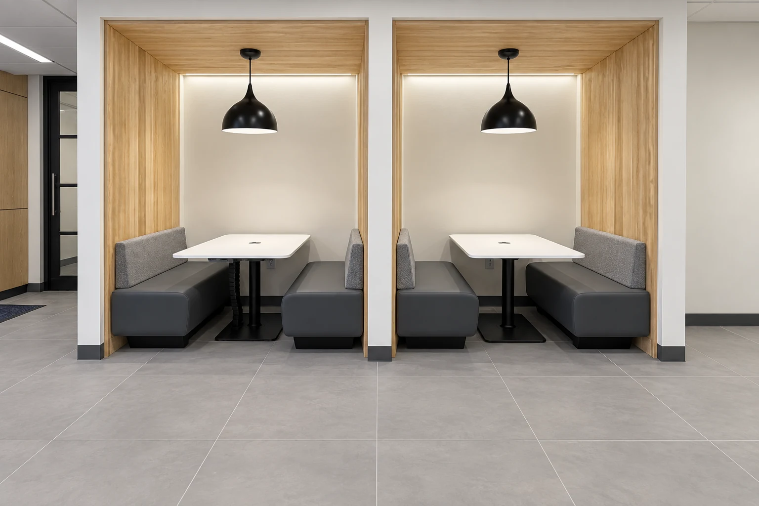 Gray tile flooring and oak-lined booths in a complete-room commercial visualization